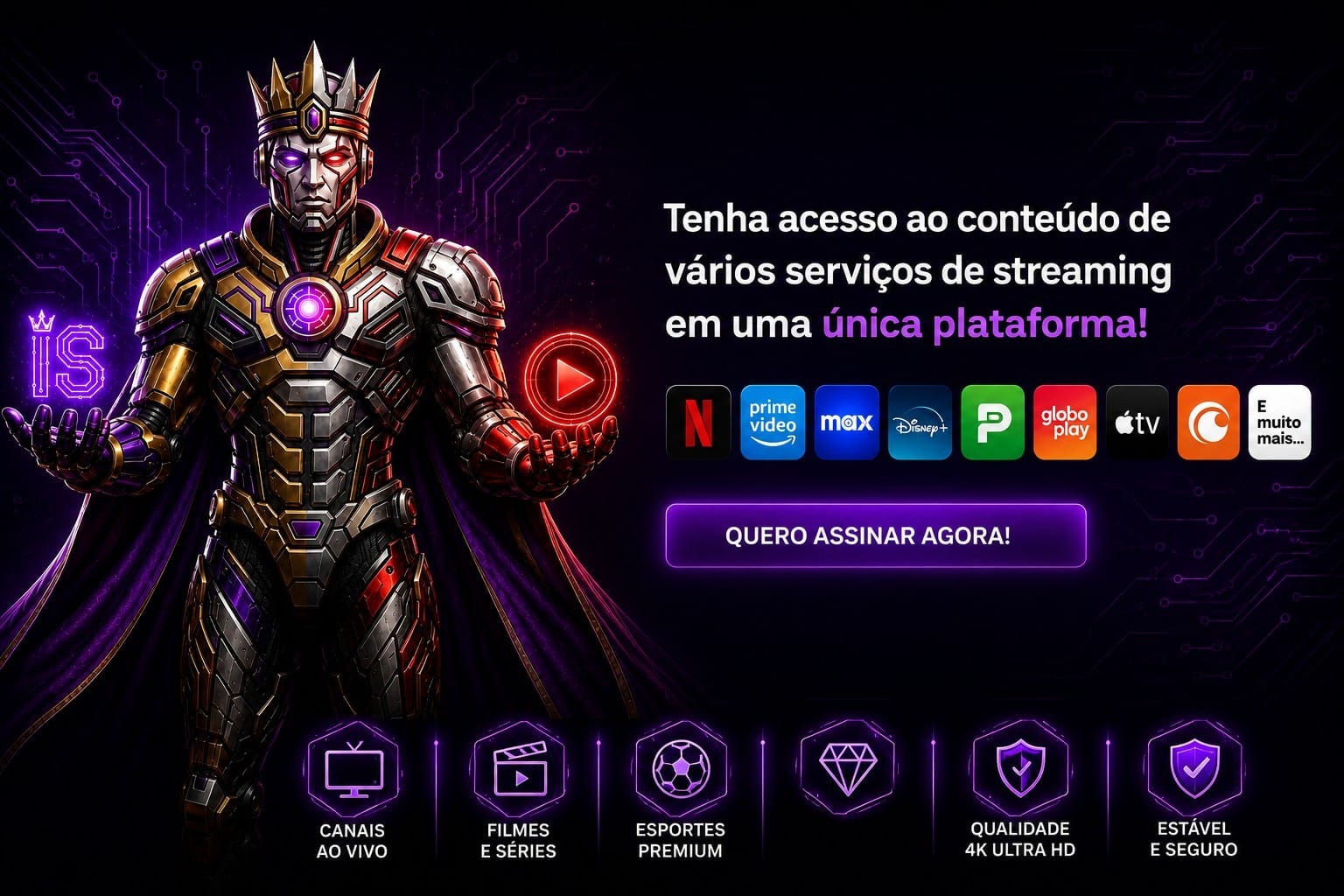 Banner com o mascote Imperion e logos das principais plataformas de streaming inclusas