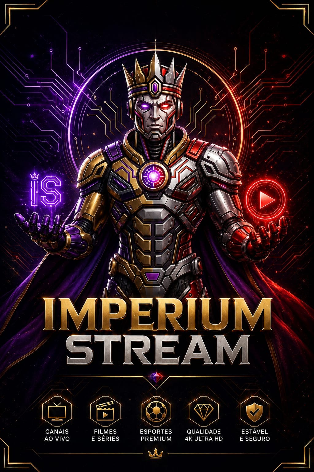 Imperion, mascote robô guerreiro do Imperium Stream, segurando o botão play neon