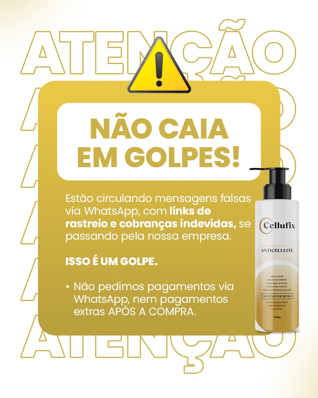 Identificamos que golpistas estão se passando pela nossa empresa para aplicar fraudes via WhatsApp, utilizando links falsos de rastreio e solicitações indevidas. ⚠️ A Cellufix não solicita pagamentos via WhatsApp e não utiliza sites de rastreamento não oficiais. Caso você receba algo suspeito, NÃO CLIQUE EM LINKS, NÃO RESPONDA E DENUNCIE. Em caso de dúvidas,…