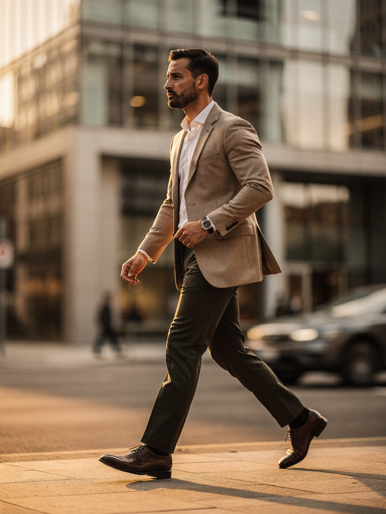 Man walking confidently in a well-styled outfit